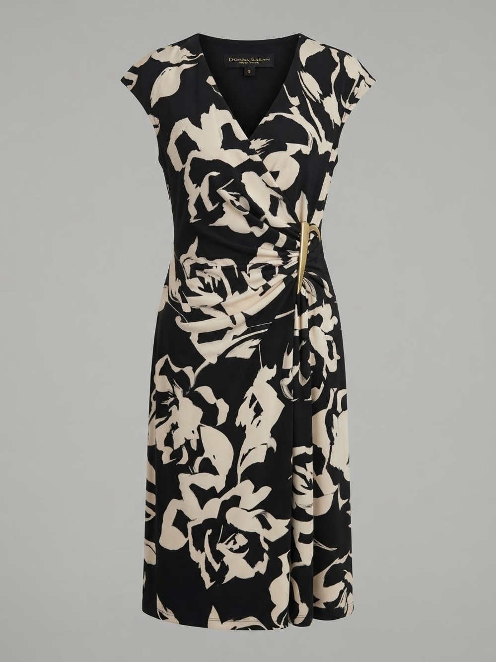 Donna Karan Black and Cream Floral Faux-Wrap Midi Dress with Side Ring